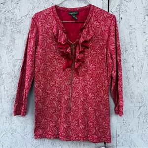Lauren Ralph Lauren Red And Tan Ruffle Lace Up V-Neck Western Woman’s Sz L